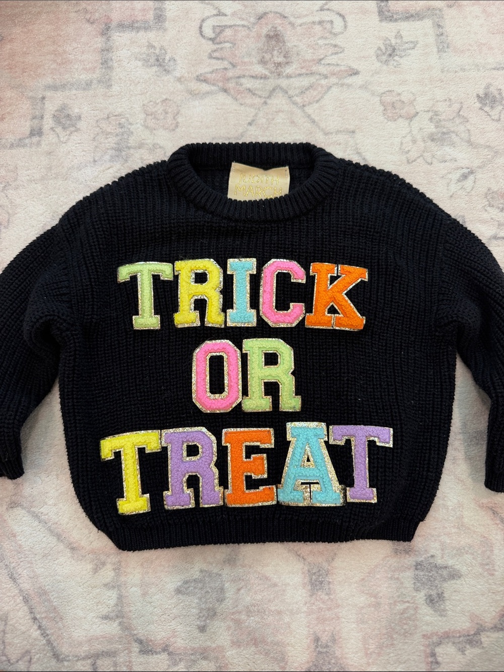 Judith March Black Sweater with Multicolor Letter Appliqués